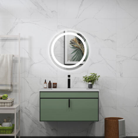 Ducha Casa Espejo de baño redondo LED,60×60cm,antiniebla,regulación continua,memoria de apagado,luz blanca 6000K,interruptor táctil + interruptor de pared
