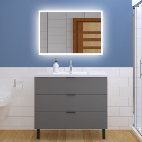 Ducha Casa Mueble de baño color antracita con armario suspendido,tres cajones y lavabo de piedra artificial