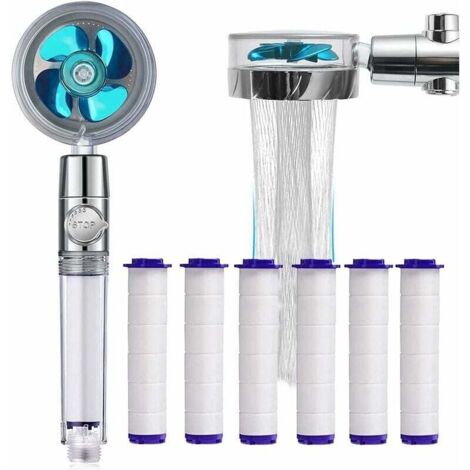 Ducha de mano, cabezal de ducha antical ahorrador de agua, cabezal de ducha con filtro universal, cabezal de ducha de hélice de 360°, con 6 elementos filtrantes de algodón PP (azul), comodidad y recam