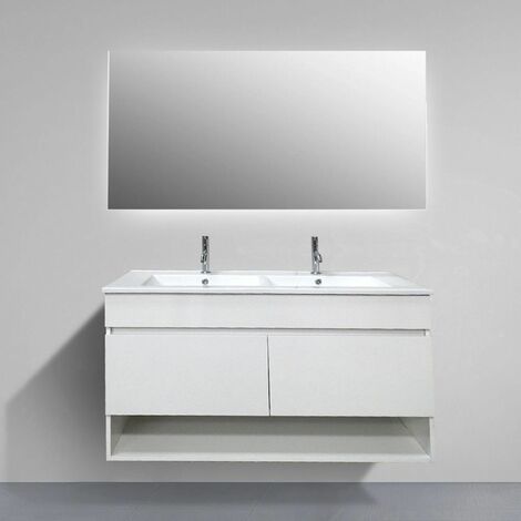 Ducha – Meuble double vasque suspendu 120 cm avec miroir – 2 portes – Finition blanche élégante – Lavabo en céramique avec trous pour robinets