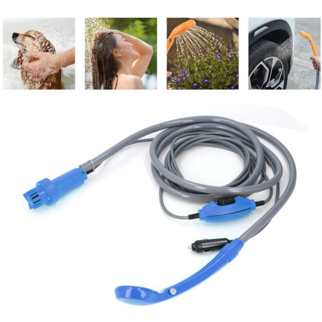 Ducha portátil para camping con caudal de agua regulable, bomba sumergible con protección antifugas y salidas de agua 3D para un fácil manejo (ABS, 200 cm, azul).