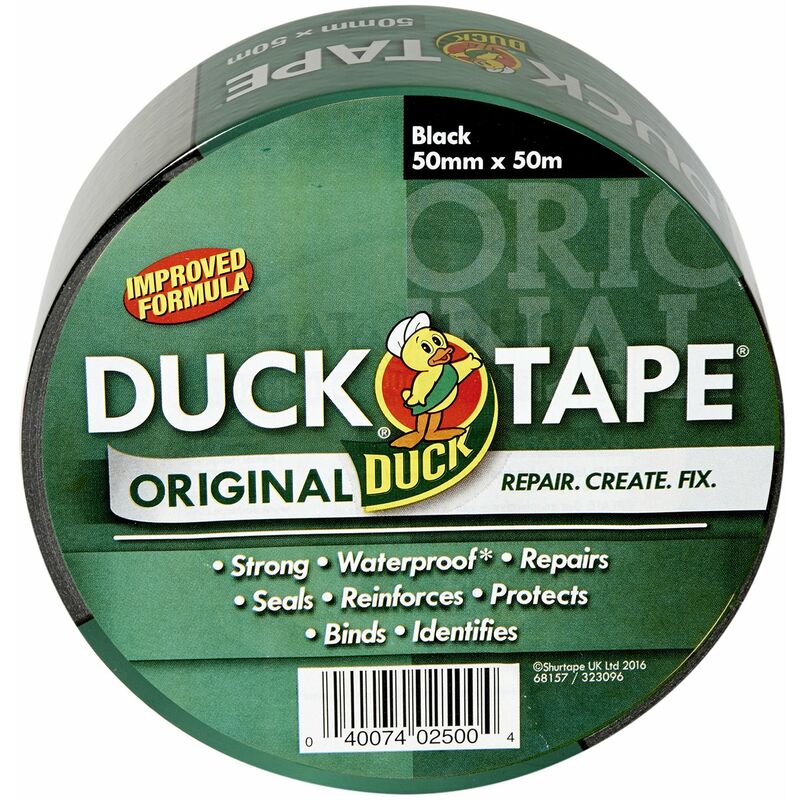 Image of Duck Original Black Duck Tape nastro adesivo per riparazione in tessuto impermeabile, 50 mm x 50 m, formula migliorata, ad alta resistenza