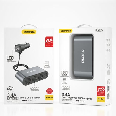Dudao Caricabatterie da auto con 2 porte USB e 3 prese accendisigari, colore nero (R1Pro Black)