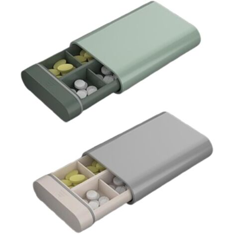 Due contenitori portatili per l'uso quotidiano, verde e grigio, realizzati in ABS ecologico, con 6 scomparti ermetici per un'organizzazione compatta.