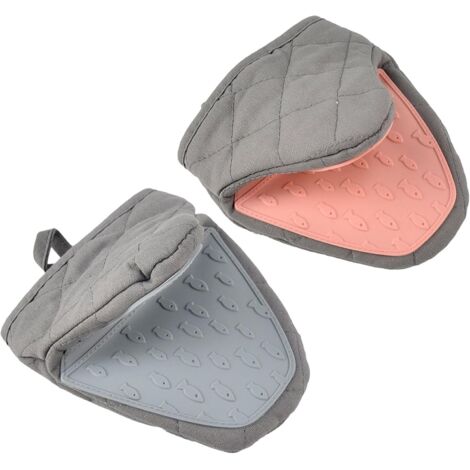 Due guanti da forno corti in silicone, resistenti al calore, foderati in cotone spesso e antiscivolo, ideali per cucinare in forno, grigliare e per l'uso in cucina.