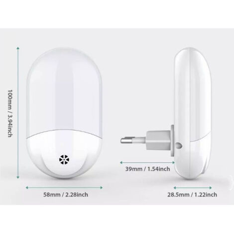 Due luci notturne a LED in plastica bianca, luce bianca calda 2700 K, illuminazione di sicurezza domestica, luci per la cameretta dei bambini con sensore crepuscolare.