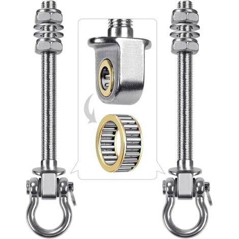 Due robusti ganci in acciaio inox e supporti di sollevamento in legno con cuscinetti, adatti per appendere sedie, verande, patii e aree gioco.