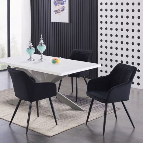 Duke LUX Camden Esszimmerset – ein weißer Esstisch aus Holz und ein Set mit 4 schwarzen Esszimmerstühlen aus Samt – Esszimmer Küche