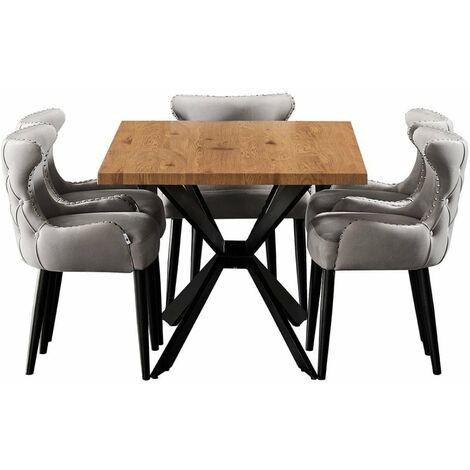 Duke LUX Oxford Dining Set - Mesa de comedor de madera de roble y juego de 4 sillas de comedor de terciopelo gris claro - Comedor Cocina