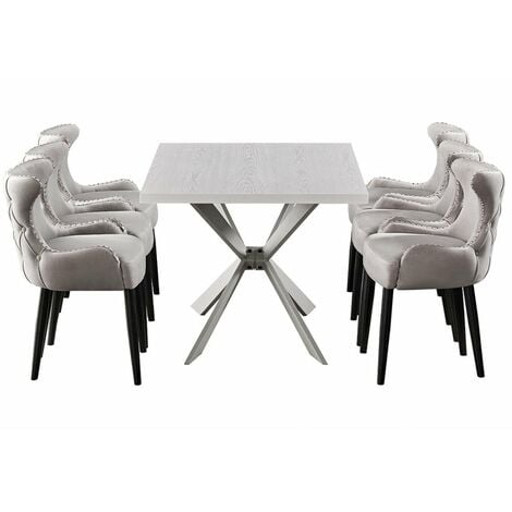 LIFE INTERIORS Duke LUX Oxford Dining Set - un tavolo da pranzo in legno bianco e un set di 6 sedie da pranzo Vevet grigio chiaro - Sala da pranzo Cucina