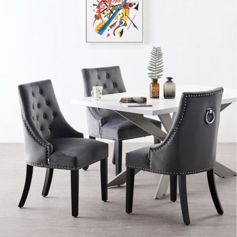 Duke LUX Windsor Dining Set - un tavolo da pranzo in legno bianco e un set di 6 sedie da pranzo in velluto grigio scuro - Sala da pranzo Cucina
