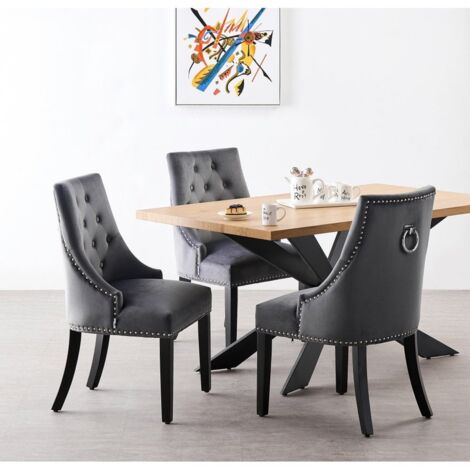 Duke LUX Windsor Dining Set - un tavolo da pranzo in legno di quercia e un set di 4 sedie da pranzo in velluto grigio scuro - Sala da pranzo Cucina