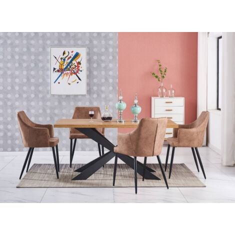 Duke LUX Zarah Dining Set - un tavolo da pranzo in legno di quercia e un set di 4 sedie da pranzo in pelle beige - Sala da pranzo Cucina