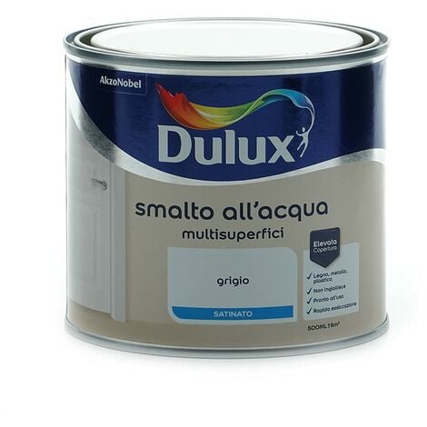 Dulux Smalto Satinato all'Acqua per Metallo Plastica e Legno Pronto all'Uso per Esterni e Interni, 0.5 Litri, Grigio