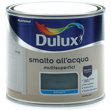 Dulux Smalto Satinato all'Acqua per Metallo Plastica e Legno Pronto all'Uso per Esterni e Interni, 0.5 Litri, Nero