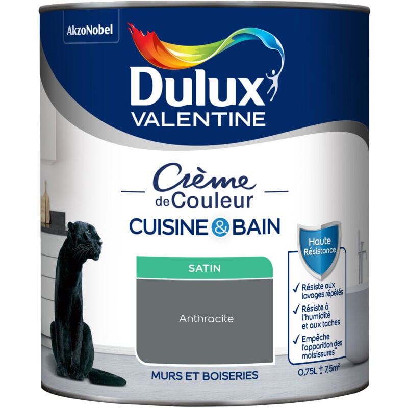 Peinture Intérieure Crème de Couleur Cuisine et Salle de bain - Satin Anthracite 0,75 l - Dulux Valentine