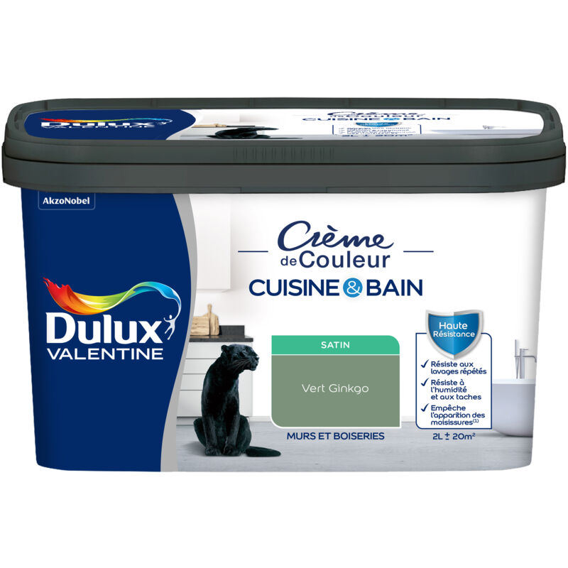 Peinture Intérieure Crème de Couleur Cuisine et Salle de bain - Satin Vert Ginkgo 2 l - Dulux Valentine