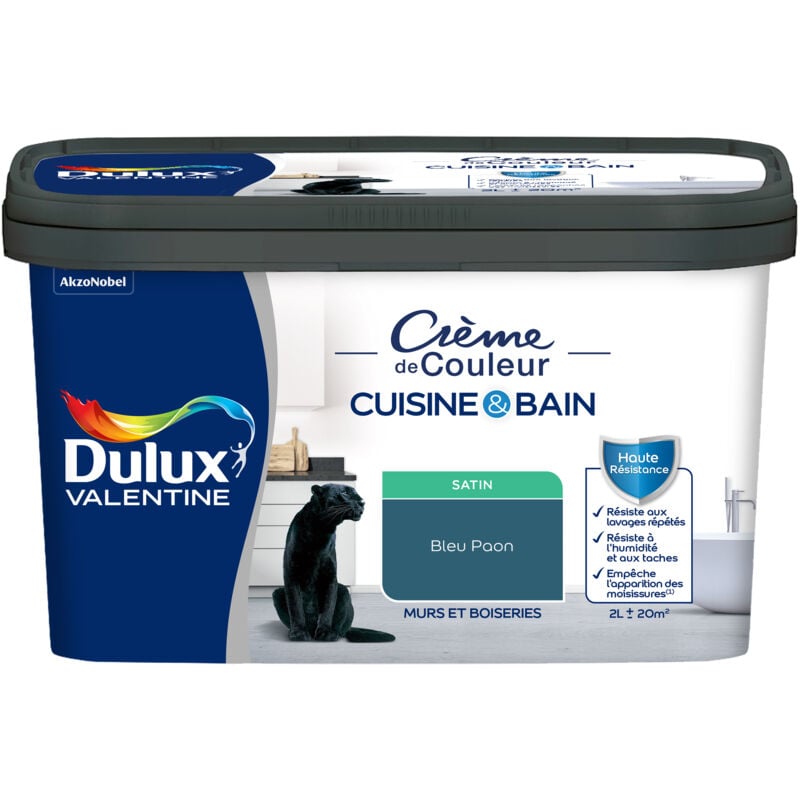 Peinture Intérieure Crème de Couleur Cuisine et Salle de bain - Satin Bleu Paon 2 l - Dulux Valentine