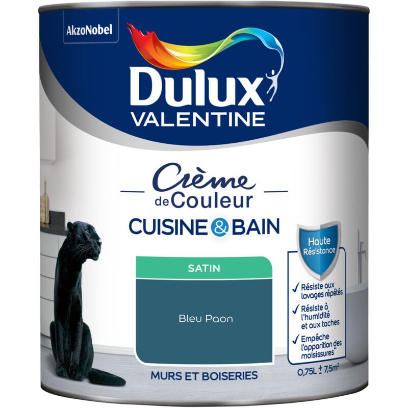 Peinture Intérieure Crème de Couleur Cuisine et Salle de bain - Satin Bleu Paon 0,75 l - Dulux Valentine