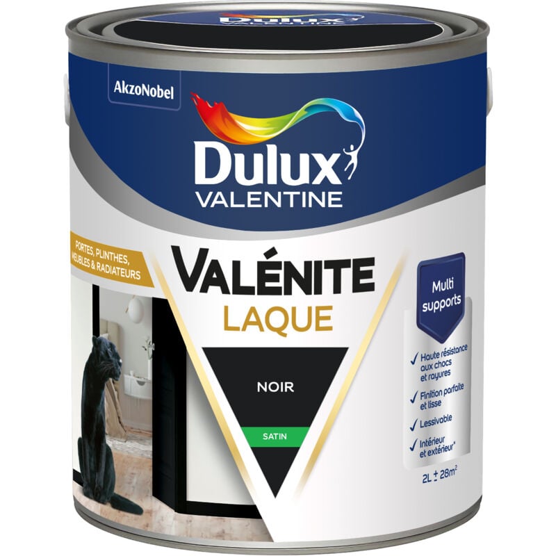 Dulux Valentine Peinture Laque Valénite Intérieur et Extérieur Multi-supports - Finition parfaite et lisse, Haute Résistance - Satin Noir 2 l