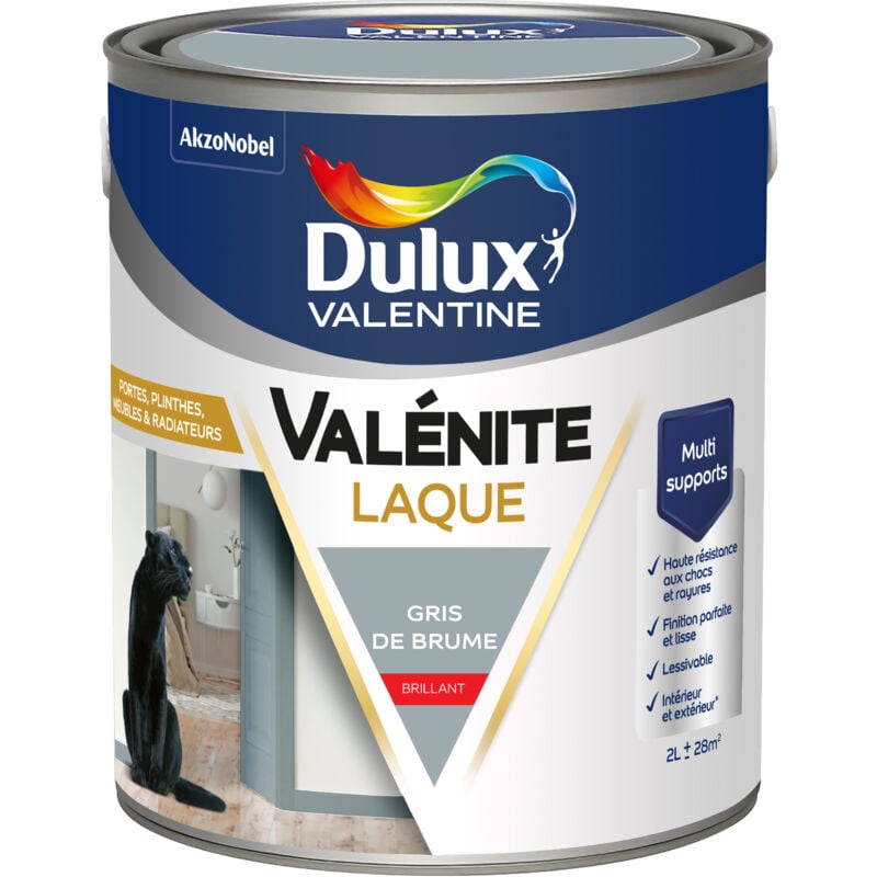 Peinture Laque Valénite Intérieur et Extérieur Multi-supports - Finition parfaite et lisse, Haute Résistance - Brillant Gris de Brume 2 l - Dulux