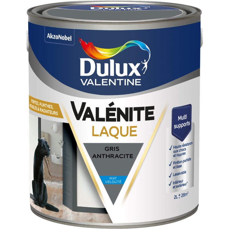 Peinture Laque Valénite Intérieur et Extérieur Multi-supports - Finition parfaite et lisse, Haute Résistance - Mat Gris Anthracite 2 l - Dulux