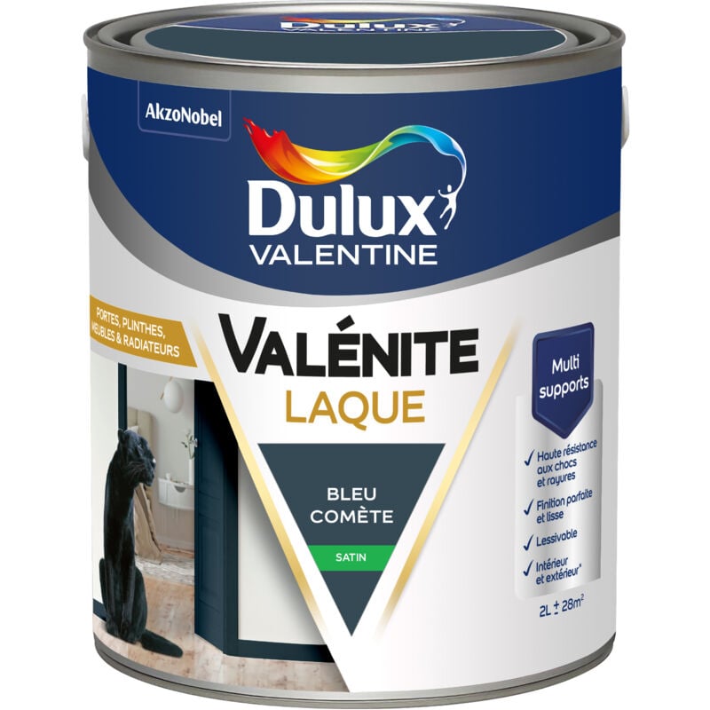 Peinture Laque Valénite Intérieur et Extérieur Multi-supports - Finition parfaite et lisse, Haute Résistance - Satin Bleu Comète 2 l - Dulux Valentine