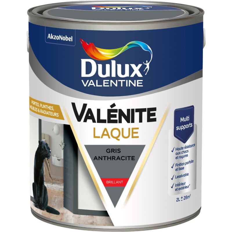 Peinture Laque Valénite Intérieur et Extérieur Multi-supports - Finition parfaite et lisse, Haute Résistance - Brillant Gris Anthracite 2 l - Dulux