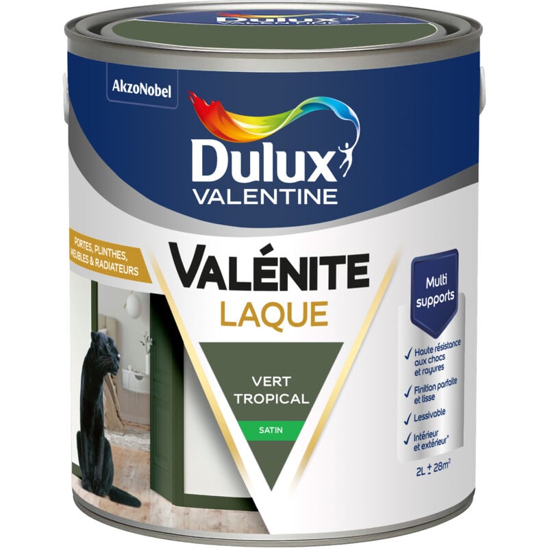 Peinture Laque Valénite Intérieur et Extérieur Multi-supports - Finition parfaite et lisse, Haute Résistance - Satin Vert Tropical 2 l - Dulux