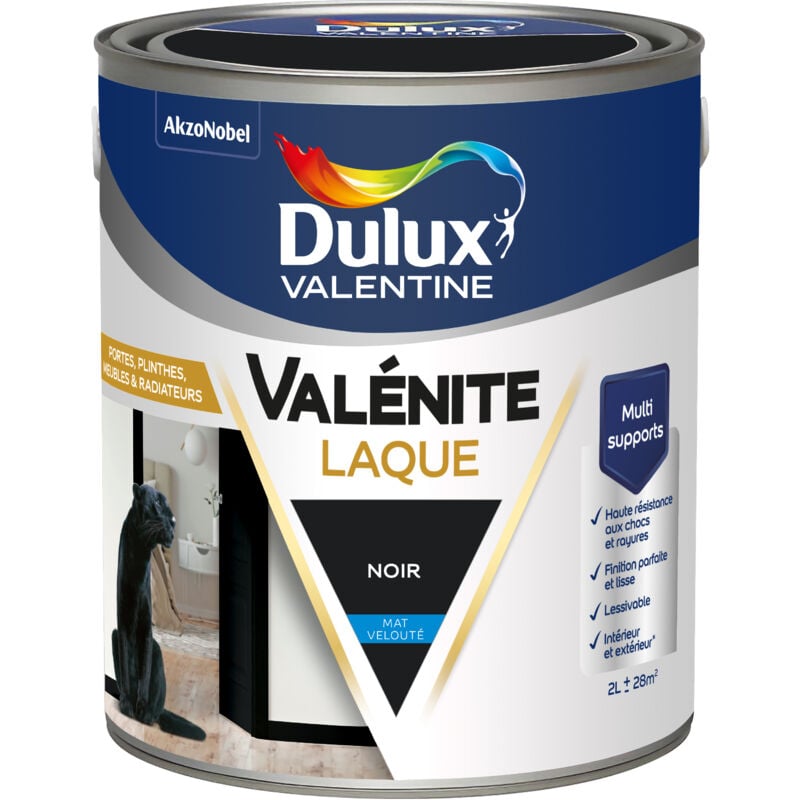 Dulux Valentine Peinture Laque Valénite Intérieur et Extérieur Multi-supports - Finition parfaite et lisse, Haute Résistance - Mat Noir 2 L