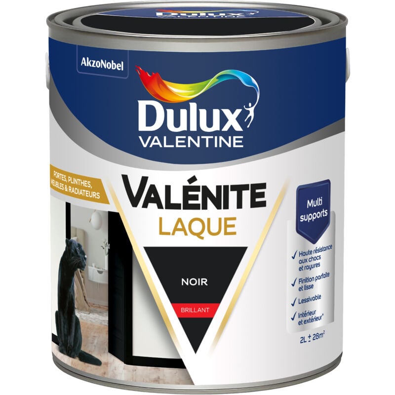 Peinture Laque Valénite Intérieur et Extérieur Multi-supports - Finition parfaite et lisse, Haute Résistance - Brillant Noir 2 l - Dulux Valentine