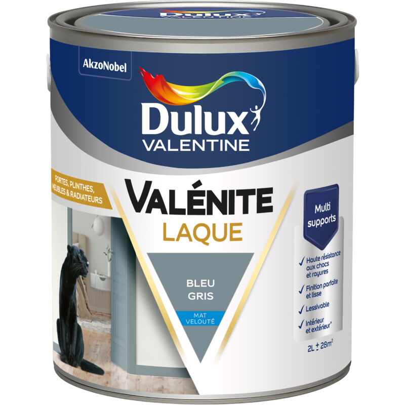 Peinture Laque Valénite Intérieur et Extérieur Multi-supports - Finition parfaite et lisse, Haute Résistance - Mat Bleu Gris 2 l - Dulux Valentine