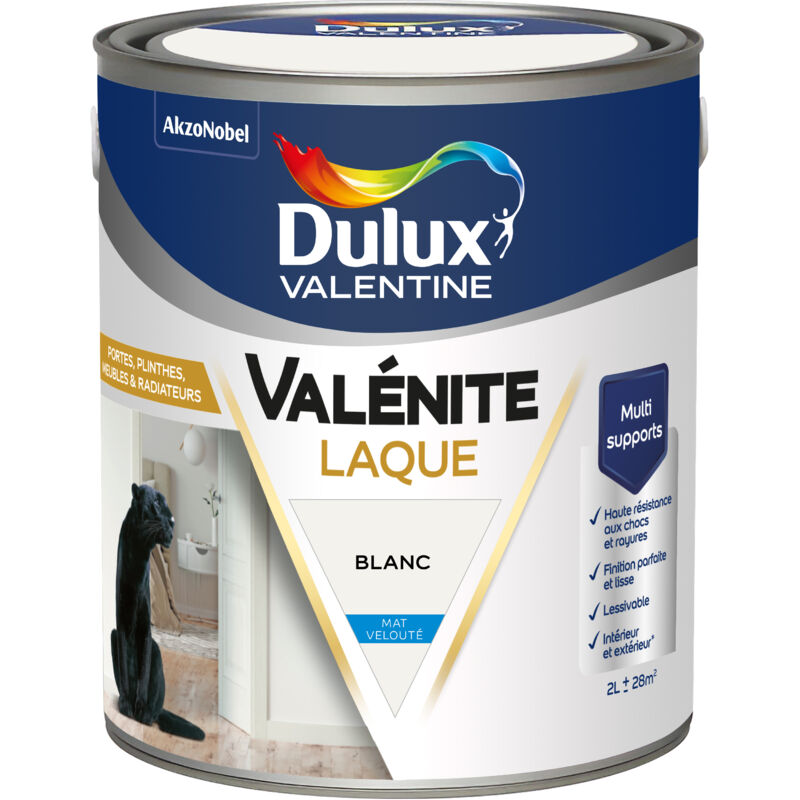 Peinture Laque Valénite Intérieur et Extérieur Multi-supports - Finition parfaite et lisse, Haute Résistance - Mat Blanc 2 l - Dulux Valentine