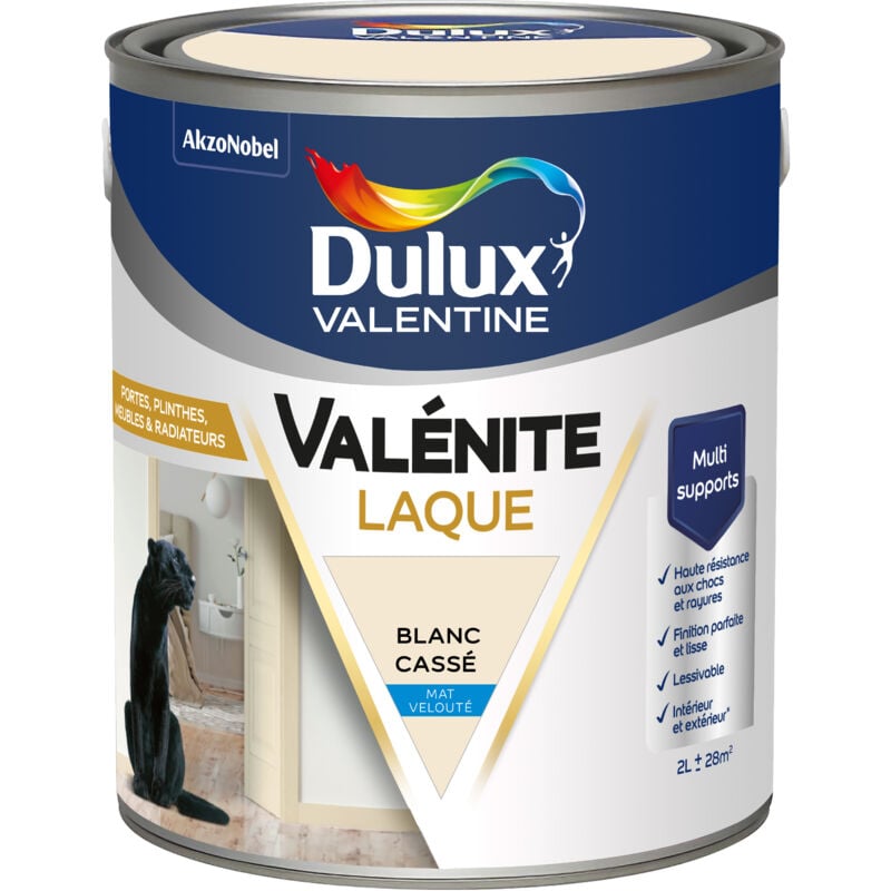 Peinture Laque Valénite Intérieur et Extérieur Multi-supports - Finition parfaite et lisse, Haute Résistance - Mat Blanc Cassé 2 l - Dulux Valentine
