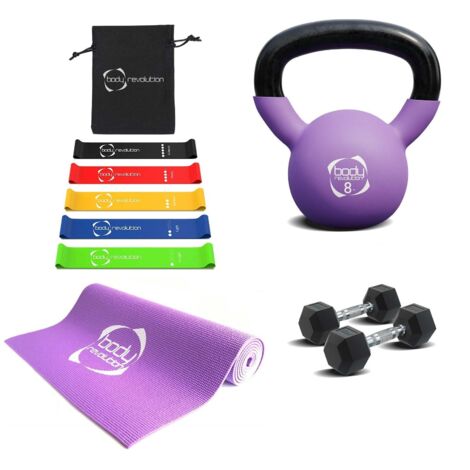 Dumbbells + Kettlebell + Mat + Resistance Bands