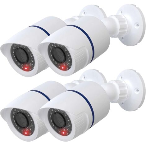 Dummy dummy security CCTV camera for indoor and outdoor use with LED light, security alert warning sticker, 4-pack, white