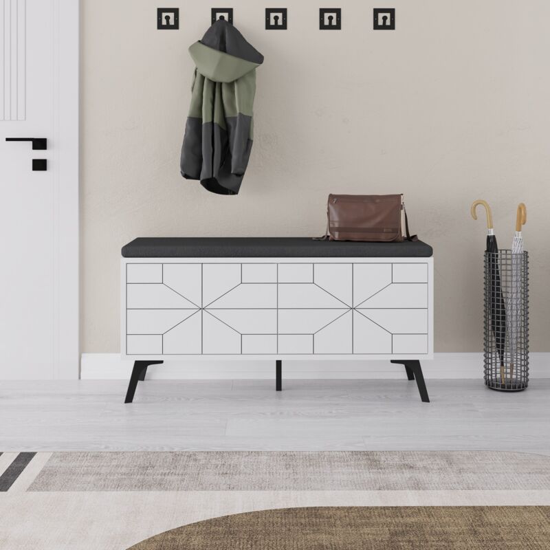 Banc Blanc avec Rangement pour Chaussures et Pieds en Métal, 107x55x35 cm, Pour Vestibule ou Entrée