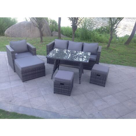Dunkelgrau Gemischt Rattan Garten Sofa Set Sessel Rechteckiger Esstisch 2 Großer Hockern 2 kleine Hockern 7-Sitzer
