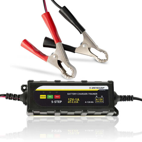 DUNLOP Chargeur Intelligent 1A 12V - Chargeur Batterie Voiture & Moto, Gel & Standard, Charge Auto 5 Étapes, Sécurisé & Facile