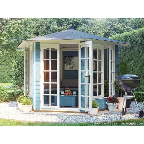 Dunster House Summer House Vantage 300 3m x 2.5m Garden Room Kit Toughened Glass and Roof Shingles Hexagonal