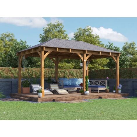 Dunster House Wooden Gazebo 5m x 3m Heavy Duty Pressure Treated Patio Shelter With Roof Shingles Leviathan