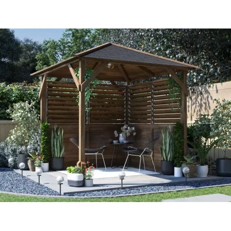 Dunster House Wooden Gazebo Kit Louvre Wall  2m x 2m Pressure Treated Garden Shelter Roof Shingles Utopia 2m x 2m