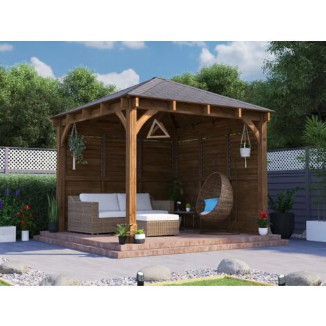 Dunster House Wooden Gazebo Kit Louvre Wall 3m x 3m Heavy Duty Garden Shelter Roof Shingles Leviathan