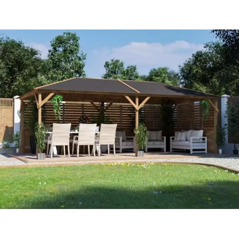 Dunster House Wooden Gazebo Kit Louvre Wall 6m x 3m Garden Shelter Roof Shingles Utopia