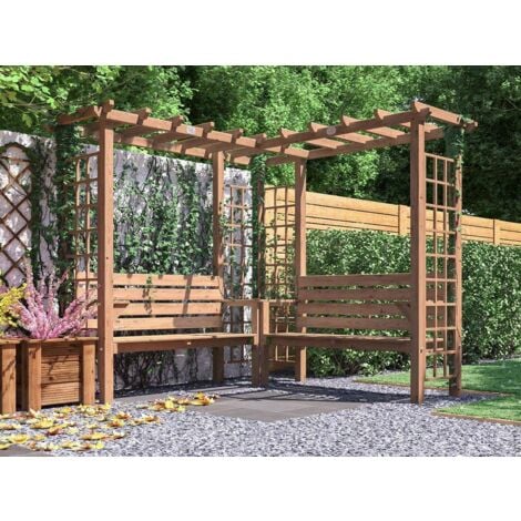 DUNSTER HOUSE LTD. Dunster House Wooden Pergola Garden Arch With Corner Bench, Trellis, Seating with Armrests and Mini Corner Table Gerlinde