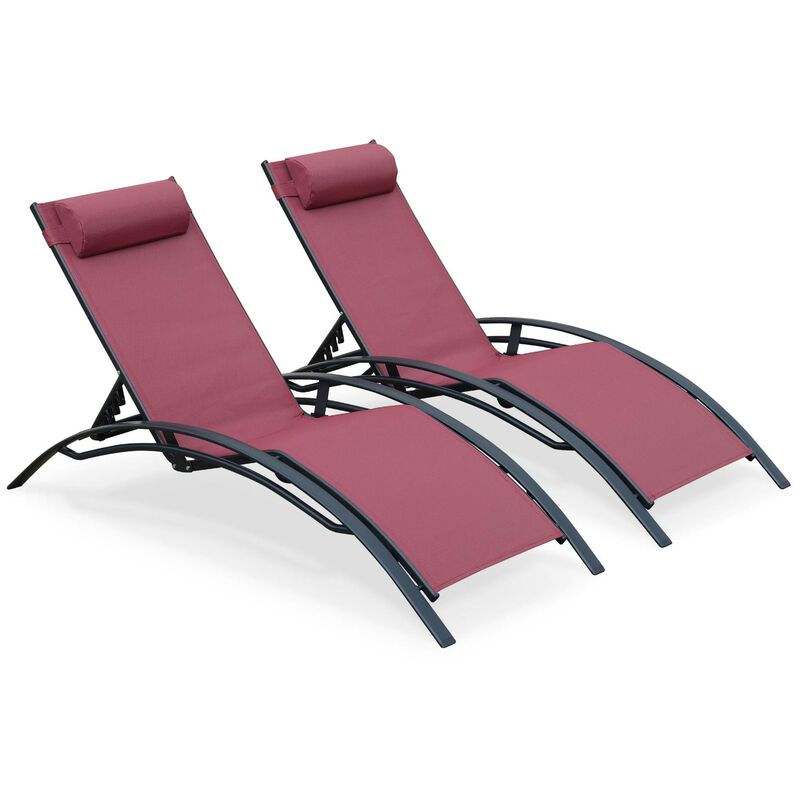 Duo de bains de soleil en aluminium et textilène Louisa Anthracite / Bordeaux