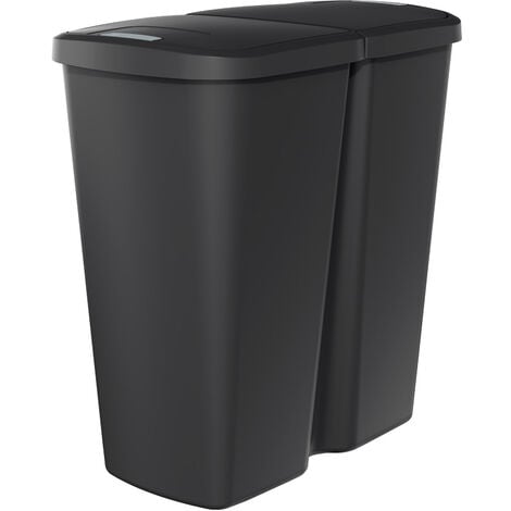 Duo Abfalleimer eckig 45 Liter - schwarz - Kunststoff Mülleimer mit 2 Deckelöffnungen - Doppel Müllsammler Mülltrenner Mülltonne Abfalltonne