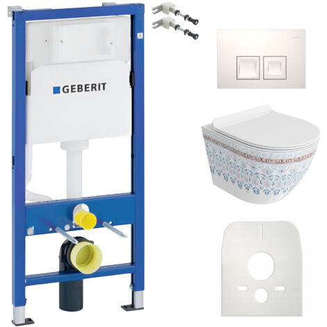 Duofix Basic Vorwandelement + Wand Tiefspül WC Sofi Slim Folklor Spülrandlos + Bedienplatte Delta 25  Weißer Knopf  Komplettset  Unterputz Spülkasten  Toilette Komplett Sett 