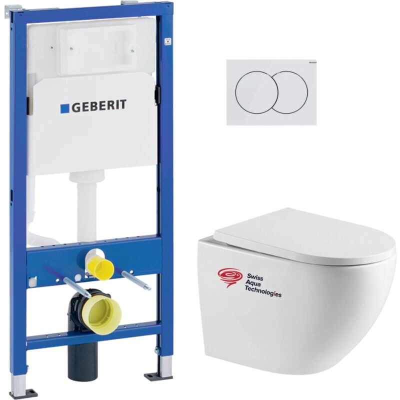 Geberit - Pack bâti-support + wc suspendu Swiss Aqua Technologies + Plaque de commande, blanc (FUSIONTQGEB1)