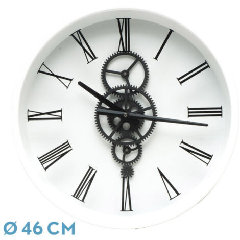 DUQUE Wanduhr weißschwarzschwarz 46x46x7 cm Zahnräder mit Uhrwerk